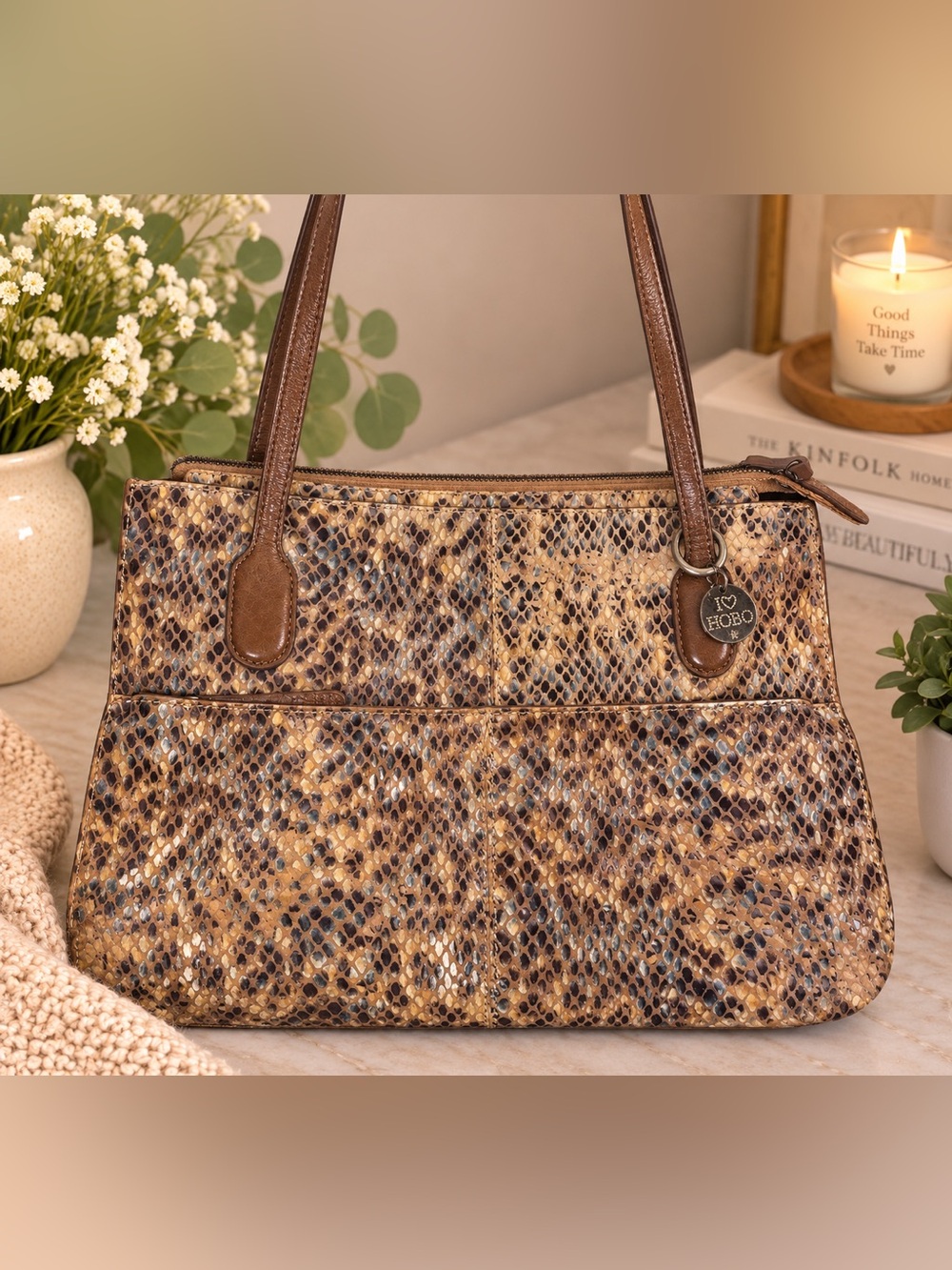 HOBO International Snakeskin Print Leather Tote Shoulder Bag Brown Tan